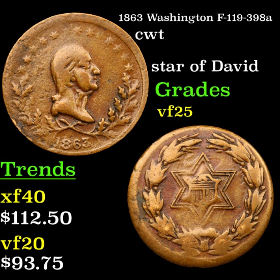1863 Washington F-119-398a Civil War Token 1c Grades vf+