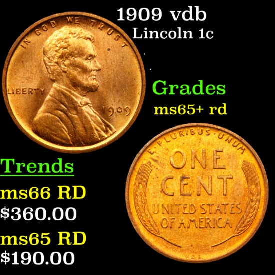 1909 vdb Lincoln Cent 1c Grades Gem+ Unc RD