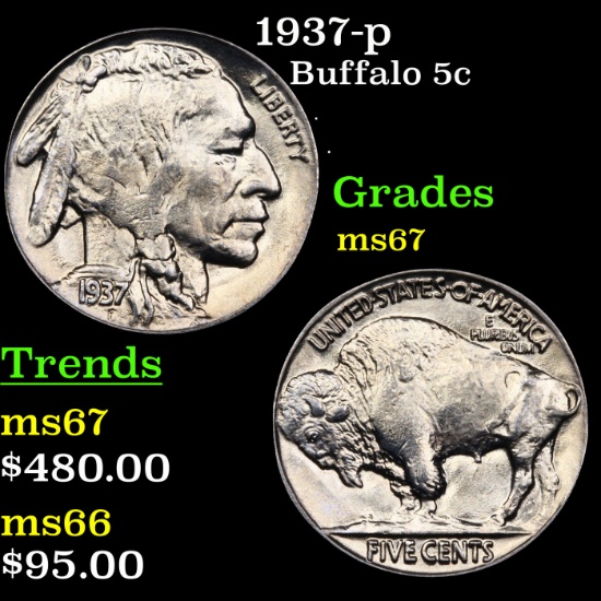 1937-p Buffalo Nickel 5c Grades GEM++ Unc