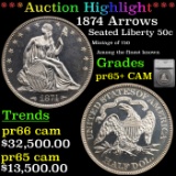Proof *HIGHLIGHT OF NIGHT* 1874 Arrows Seated Half Dollar 50c Graded pr65+ CAM By SEGS (fc)