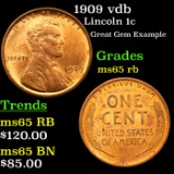 1909 vdb Lincoln Cent 1c Grades GEM Unc RB