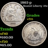 1862-p Seated Liberty Quarter 25c Grades vf++