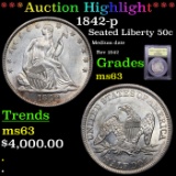 ***Auction Highlight*** 1842-p Seated Half Dollar 50c Graded Select Unc By USCG (fc)
