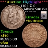 ***Auction Highlight*** 1794 C-9 Liberty Cap half cent 1/2c Graded vf30 details By SEGS (fc)