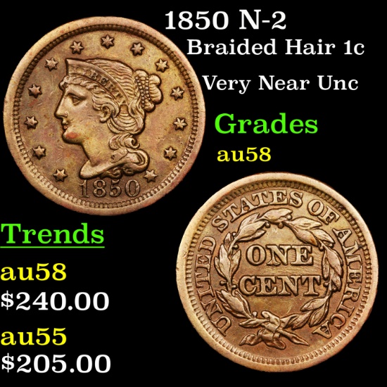 1850 N-2 Braided Hair Large Cent 1c Grades Choice AU/BU Slider