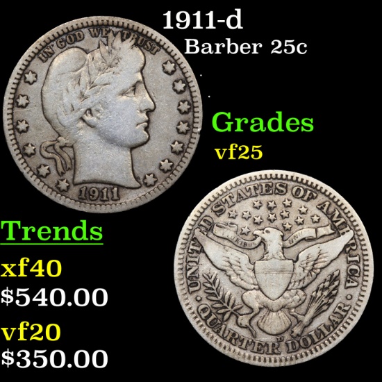 1911-d Barber Quarter 25c Grades vf+