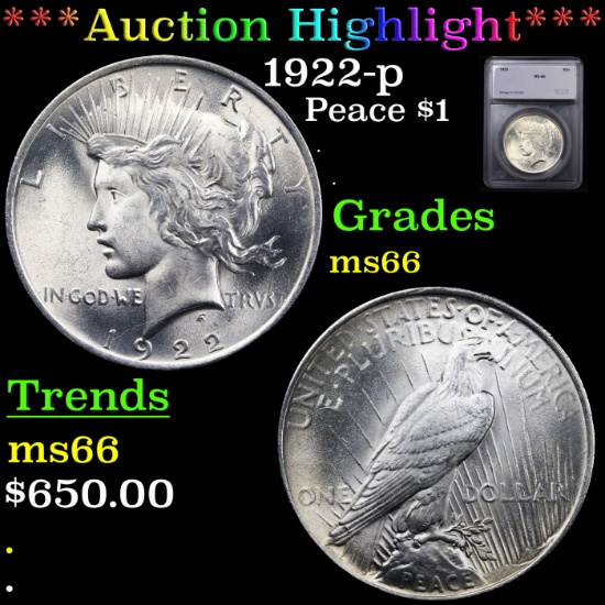 ***Auction Highlight*** 1922-p Peace Dollar $1 Graded ms66 By SEGS (fc)