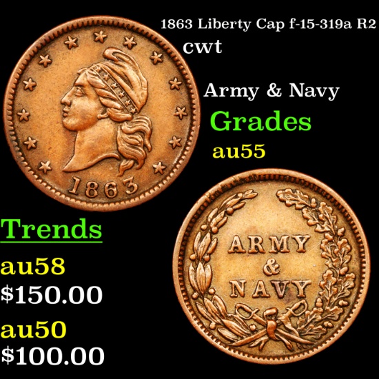 1863 Liberty Cap f-15-319a R2 Civil War Token 1c Grades Choice AU