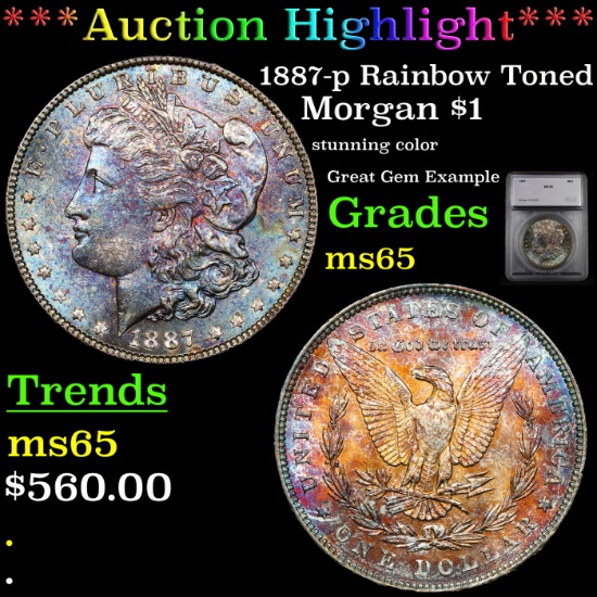 ***Auction Highlight*** 1887-p Rainbow Toned Morgan Dollar $1 Graded ms65 By SEGS (fc)