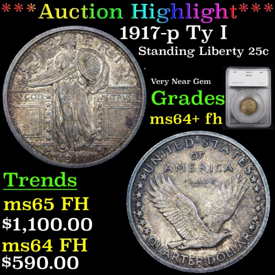 ***Auction Highlight*** 1917-p Ty I Standing Liberty Quarter 25c Graded ms64+ fh By SEGS (fc)