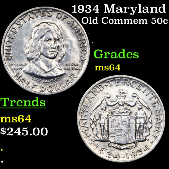 1934 Maryland Old Commem Half Dollar 50c Grades Choice Unc