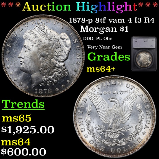 ***Auction Highlight*** 1878-p 8tf vam 4 I3 R4 Morgan Dollar $1 Graded ms64+ By SEGS (fc)