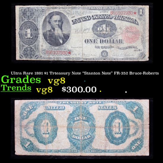 Ultra Rare 1891 $1 Trteasury Note "Stanton Note" FR-352 Bruce-Roberts Grades vg, very good