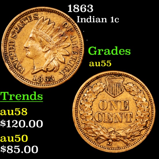 1863 Indian Cent 1c Grades Choice AU