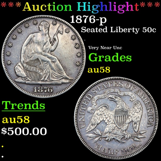 1876-p Seated Half Dollar 50c Graded Choice AU/BU Slider