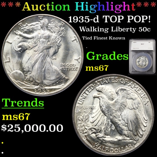 ***Auction Highlight*** 1935-d TOP POP! Walking Liberty Half Dollar 50c Graded ms67 By SEGS (fc)
