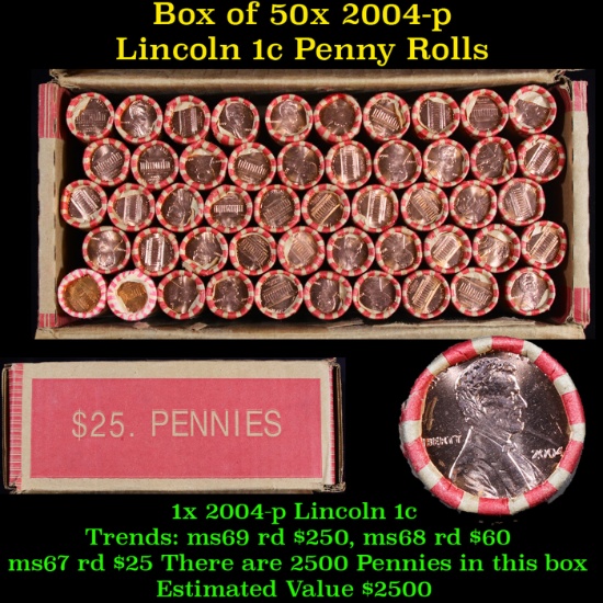 Box of 50 Rolls of 2004-p Gem Unc Lincoln Cents 1c, 50 Coins Each 2500 Coins total Grades