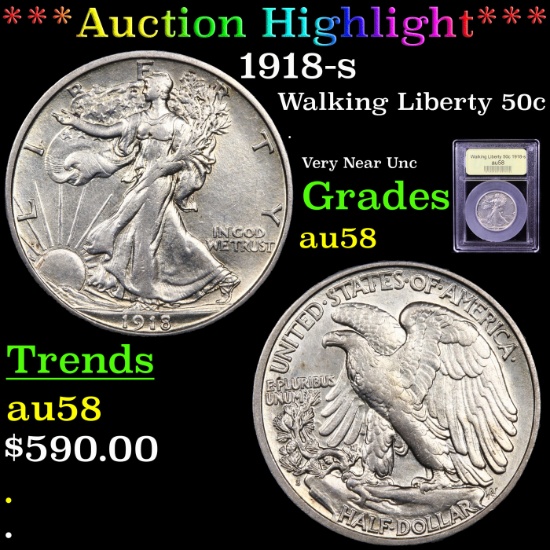 ***Auction Highlight*** 1918-s Walking Liberty Half Dollar 50c Graded Choice AU/BU Slider By USCG (f