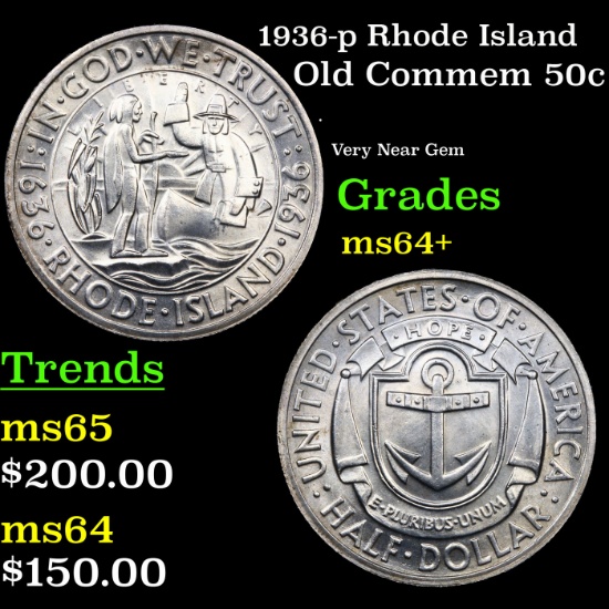 1936-p Rhode Island Old Commem Half Dollar 50c Grades Choice+ Unc