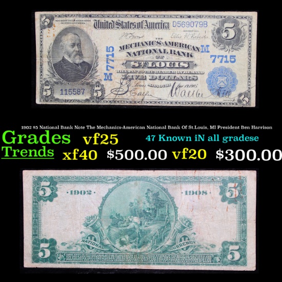 1902 $5 National Bank Note The Mechanics-American National Bank Of St.Louis, MI President Ben Harris