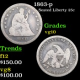 1863-p Seated Liberty Quarter 25c Grades vg+