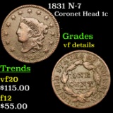 1831 N-7 Coronet Head Large Cent 1c Grades vf details