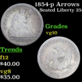 1854-p Arrows Seated Liberty Quarter 25c Grades vg+