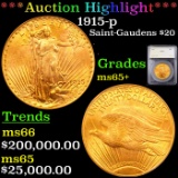 ***Auction Highlight*** 1915-p Saint-Gaudens $20 Gold Double Eagle Graded ms65+ By SEGS (fc)