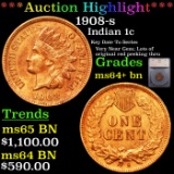 ***Auction Highlight*** 1908-s Indian Cent 1c Graded ms64+ bn By SEGS (fc)