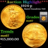 ***Auction Highlight*** 1924-p Saint-Gaudens $20 Gold Double Eagle Graded ms67 By SEGS (fc)