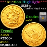 ***Auction Highlight*** 1838-p Classic Head $2 1/2 Gold Graded au53 By SEGS (fc)