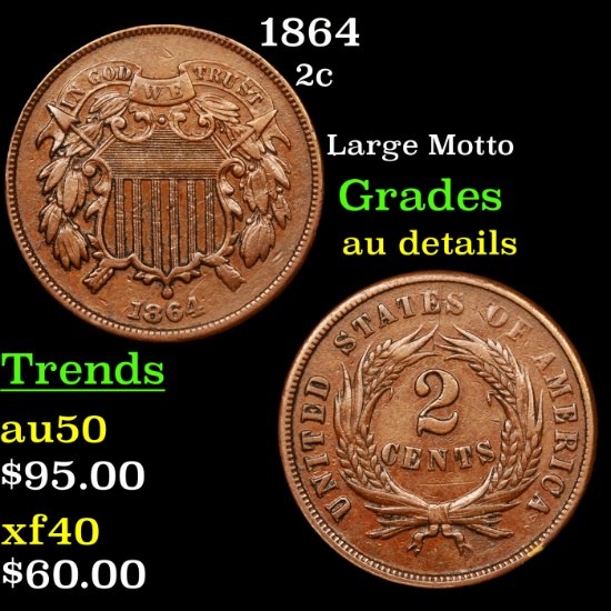 1864 Two Cent Piece 2c Graded AU Details