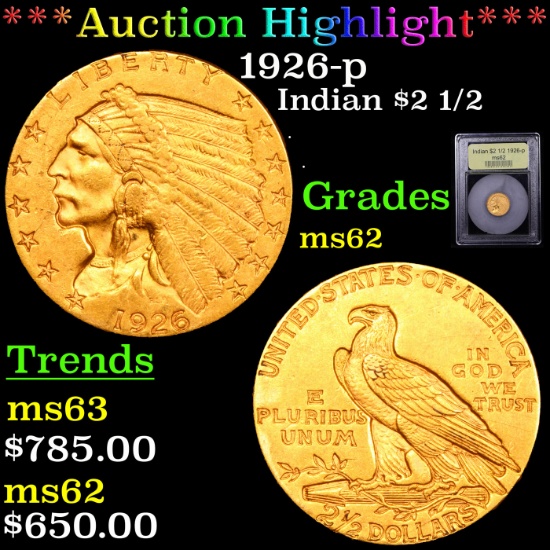 ***Auction Highlight*** 1926-p Gold Indian Quarter Eagle $2 1/2 Graded Select Unc By USCG (fc)
