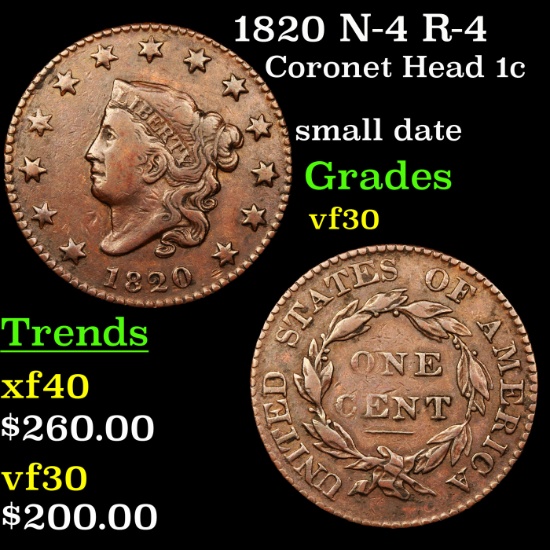1820 N-4 R-4 Coronet Head Large Cent 1c Graded vf++