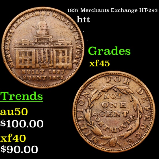 1837 Merchants Exchange HT-293 Hard Times Token 1c Graded xf+