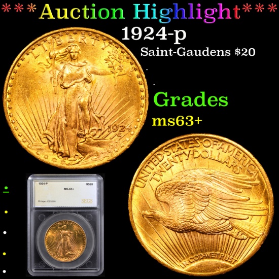 ***Auction Highlight*** 1924-p Saint-Gaudens $20 Gold Double Eagle Graded ms63+ By SEGS (fc)