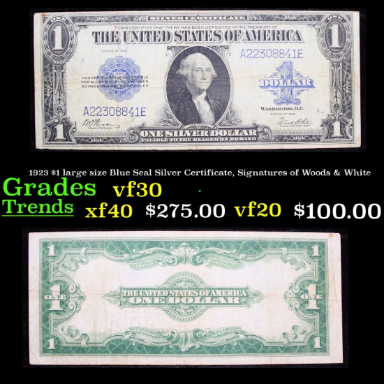 1923 $1 large size Blue Seal Silver Certificate, Signatures of Woods & White Grades vf++