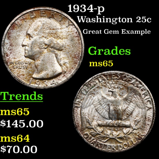 1934-p Washington Quarter 25c Graded GEM Unc