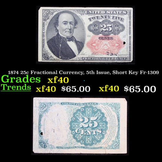 1874 25c Fractional Currency, 5th Issue, Short Key Fr-1309  Grades xf