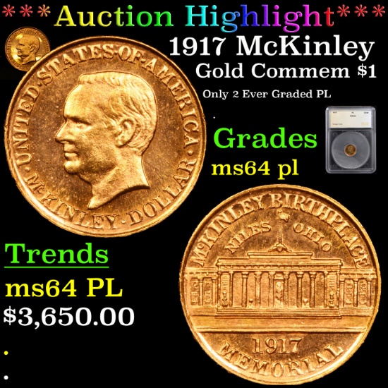 ***Auction Highlight*** 1917 McKinley Gold Commem Dollar 1 Graded ms64 pl By SEGS (fc)