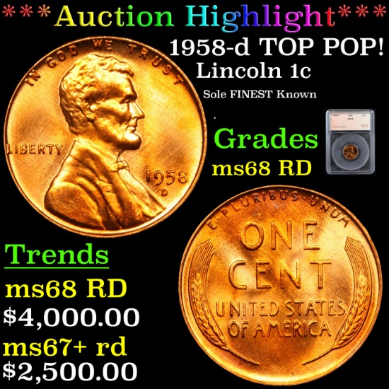 ***Auction Highlight*** 1958-d TOP POP! Lincoln Cent 1c Graded ms68 RD By SEGS (fc)
