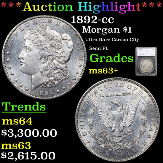 ***Auction Highlight*** 1892-cc Morgan Dollar $1 Graded ms63+ By SEGS (fc)