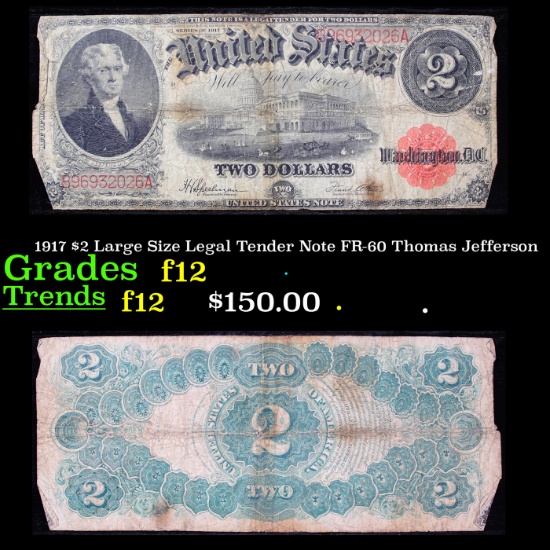 1917 $2 Large Size Legal Tender Note FR-60 Thomas Jefferson Grades f, fine