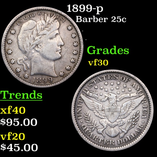 1899-p Barber Quarter 25c Graded vf++