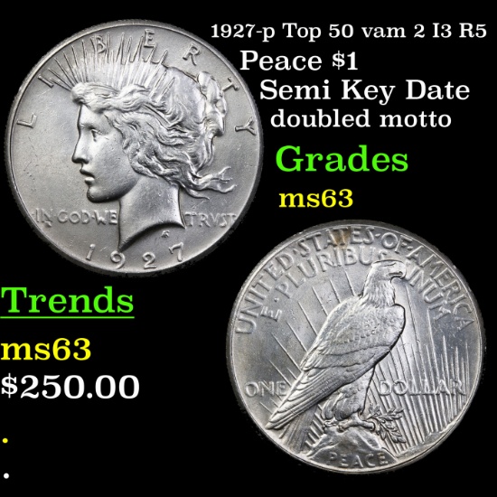 1927-p Top 50 vam 2 I3 R5 Peace Dollar $1 Graded Select Unc