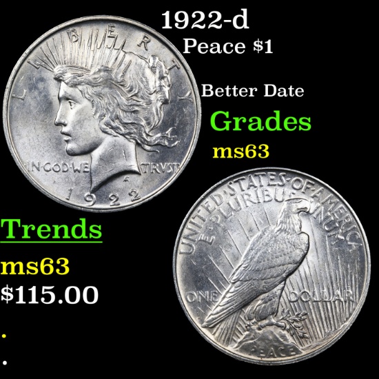 1922-d Peace Dollar $1 Graded Select Unc