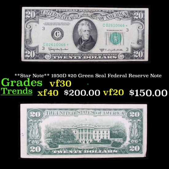 **Star Note** 1950D $20 Green Seal Federal Reserve Note Grades vf++