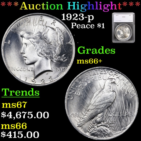 ***Auction Highlight*** 1923-p Peace Dollar $1 Graded ms66+ By SEGS (fc)
