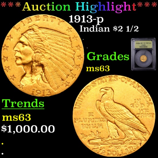 ***Auction Highlight*** 1913-p Gold Indian Quarter Eagle $2 1/2 Graded Select Unc By USCG (fc)