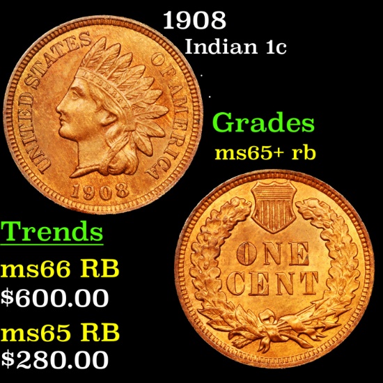 1908 Indian Cent 1c Graded Gem+ Unc RB